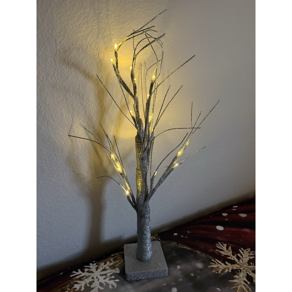 Lighted Birch Christmas Tree Decor Glittered LED Lamp Battery Operated Grey
